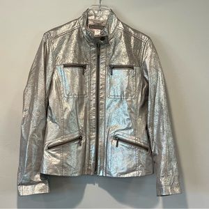 Chicos Womens Metallic Leather Jacket Size 0/S Silver